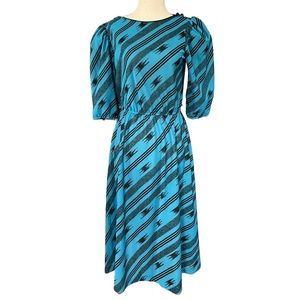 Mint KR of NY Vintage 1980s Teal Blue & Black Retro Secretary Midi Dress Size S